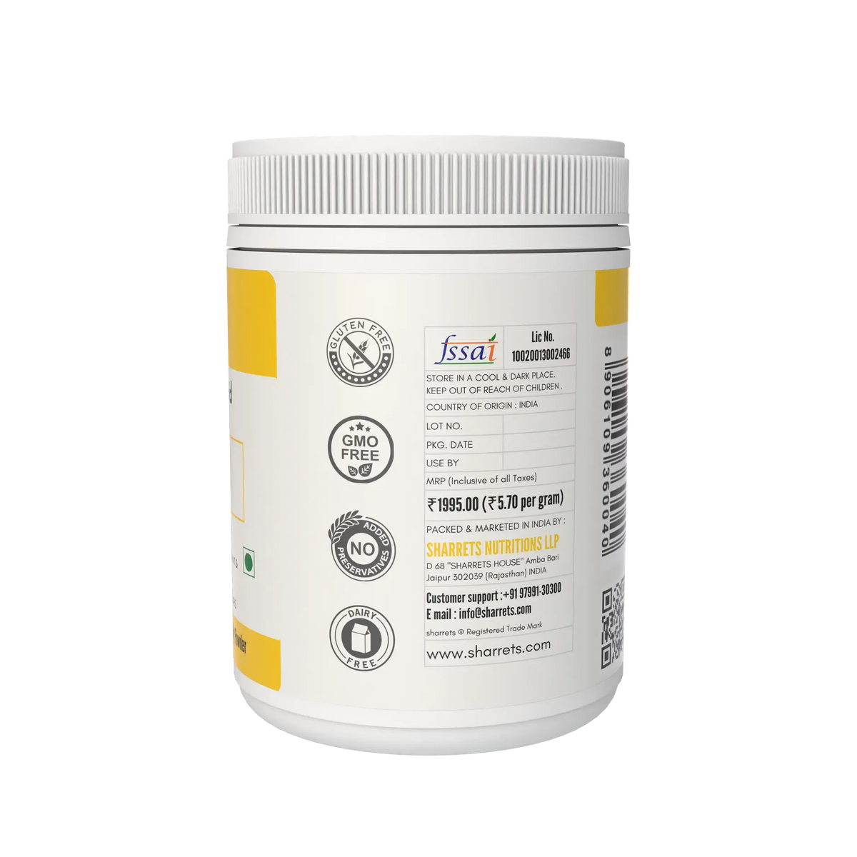 SHARRETS Pure L Ascorbic Acid (Vitamin C) Powder USP/FCC/Ph.Eur – High Potency Food & Pharma Grade - 350G - SHOWING FSSAI LICENSE NUMBER, MANUFACTURER ADDRESS, BARCODE