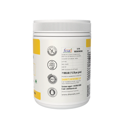 SHARRETS Pure L Ascorbic Acid (Vitamin C) Powder USP/FCC/Ph.Eur – High Potency Food & Pharma Grade - 350G - SHOWING FSSAI LICENSE NUMBER, MANUFACTURER ADDRESS, BARCODE