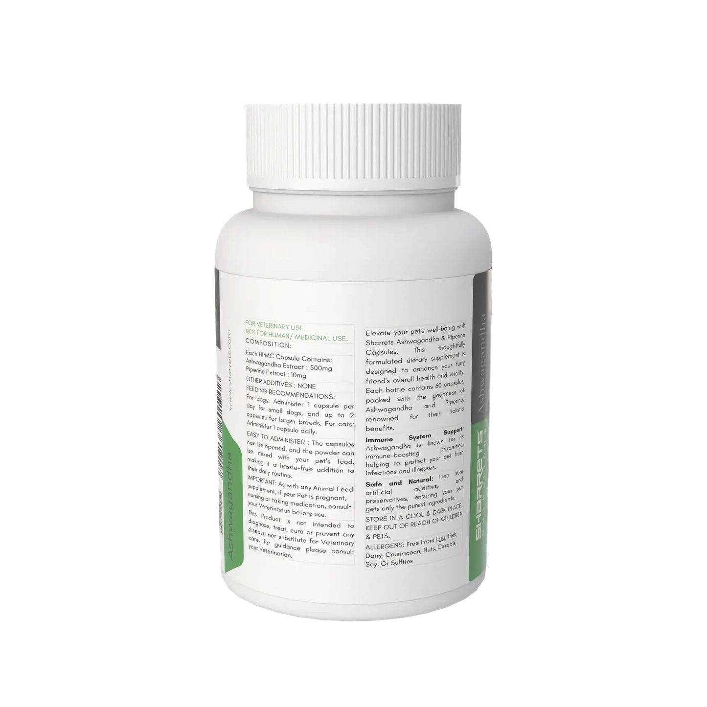 Back label ingredients and supplement information of Sharrets Ashwagandha capsules for dogs and cats