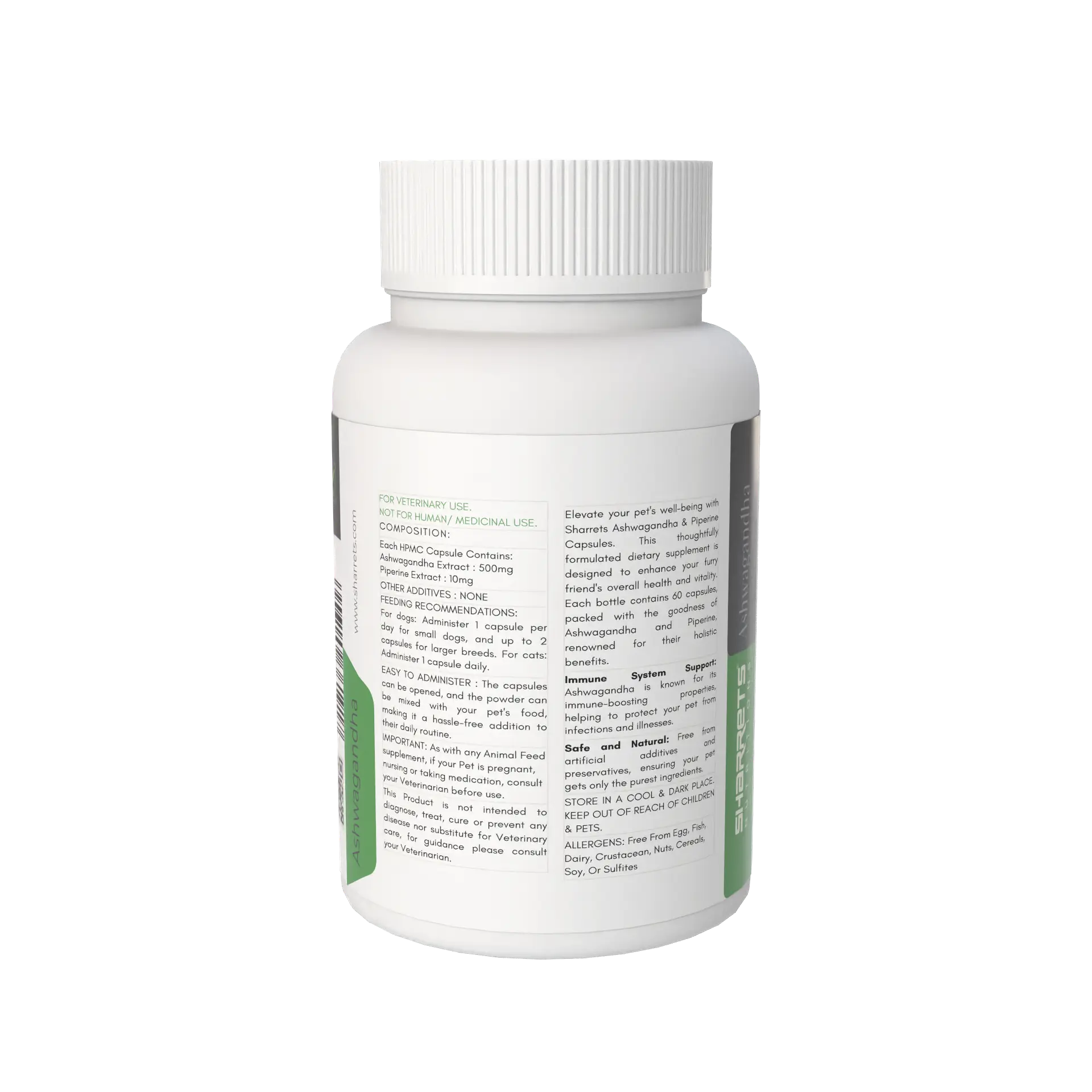 Back label ingredients and supplement information of Sharrets Ashwagandha capsules for dogs and cats
