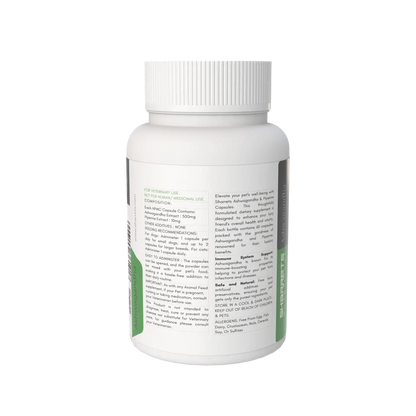 Back label ingredients and supplement information of Sharrets Ashwagandha capsules for dogs and cats