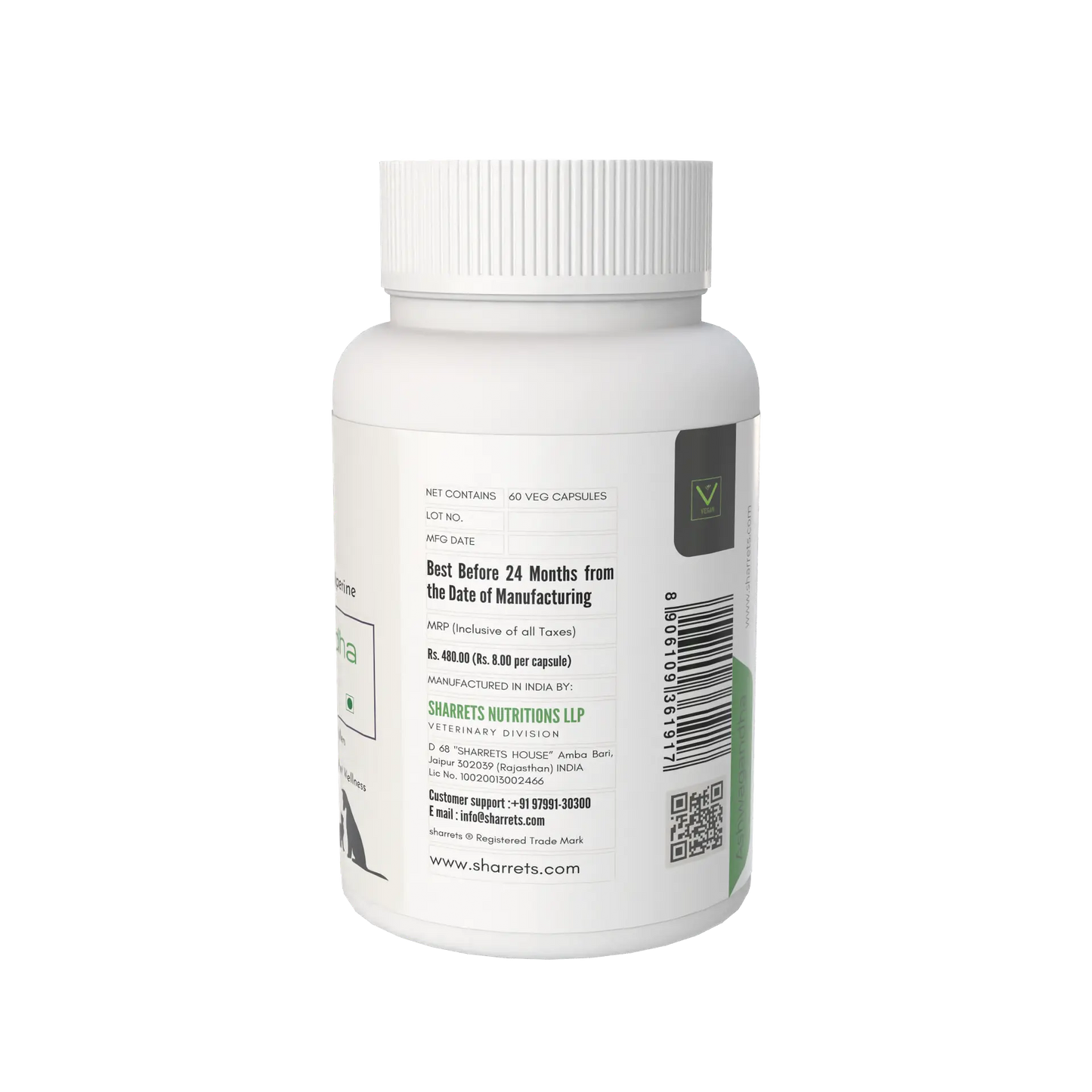 Side label view of Sharrets Ashwagandha capsules for dogs and cats herbal pet supplement bottle