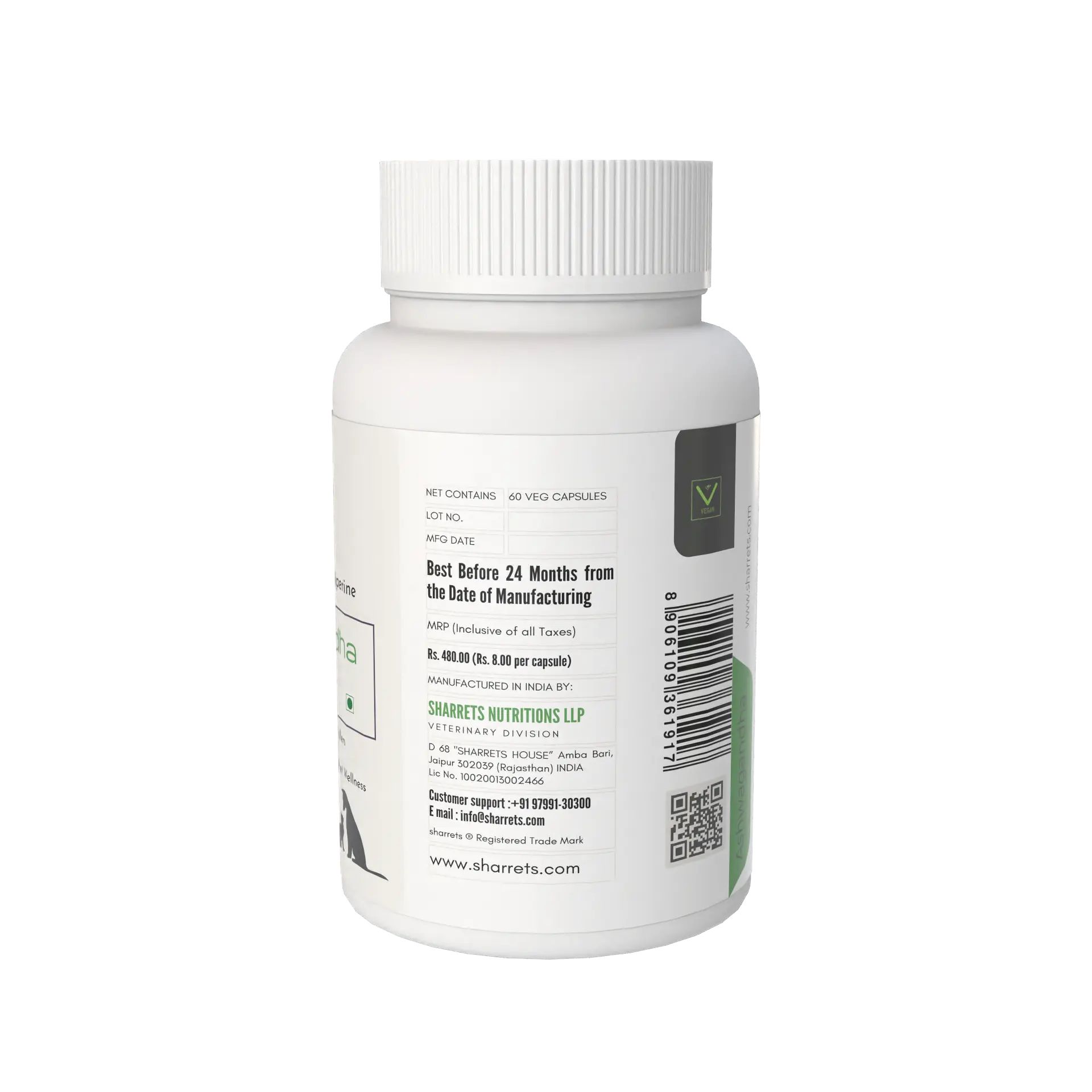 Side label view of Sharrets Ashwagandha capsules for dogs and cats herbal pet supplement bottle