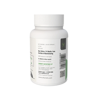 Side label view of Sharrets Ashwagandha capsules for dogs and cats herbal pet supplement bottle