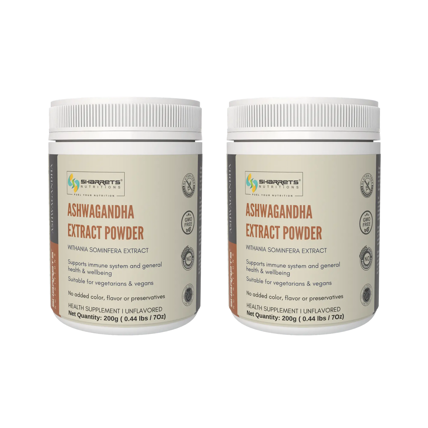 Two containers of Sharrets Ashwagandha Extract Powder on a white background