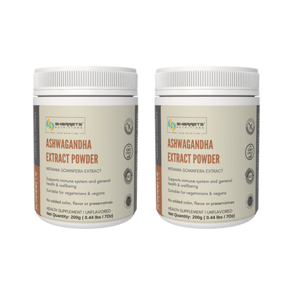 Two containers of Sharrets Ashwagandha Extract Powder on a white background