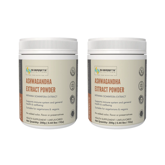 Two containers of Sharrets Ashwagandha Extract Powder on a white background