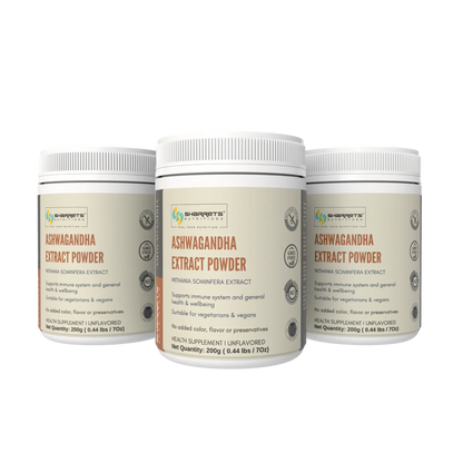 Three containers of Ashwagandha extract powder Withania somnifera supplement 200g by Sharrets Nutritions for stress relief energy and overall wellness