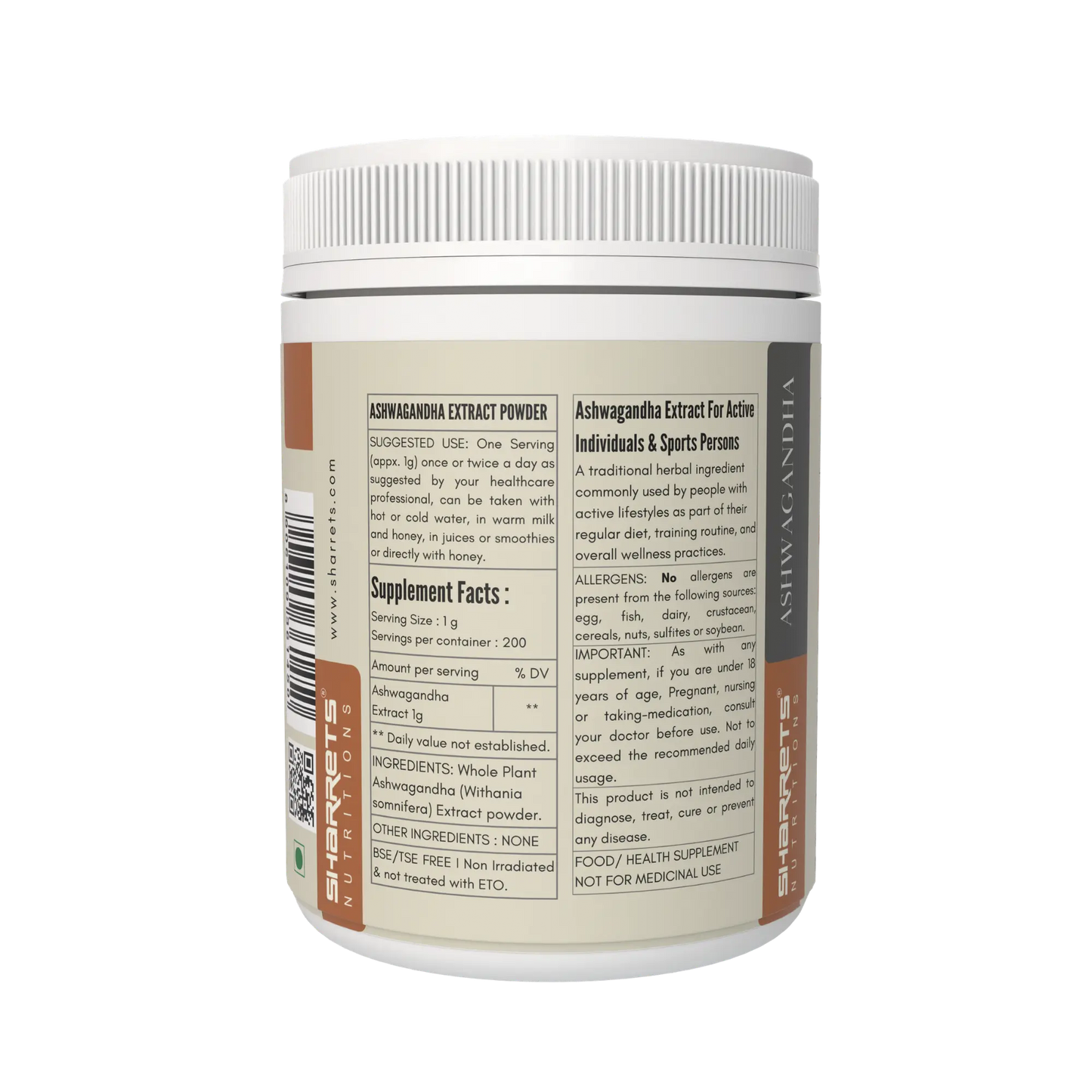 Ashwagandha extract powder Withania somnifera supplement 200g by Sharrets Nutritions for stress relief energy and overall wellness