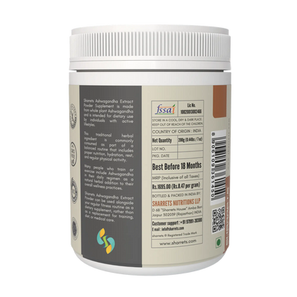 Ashwagandha extract powder Withania somnifera supplement 200g by Sharrets Nutritions for stress relief energy and overall wellness