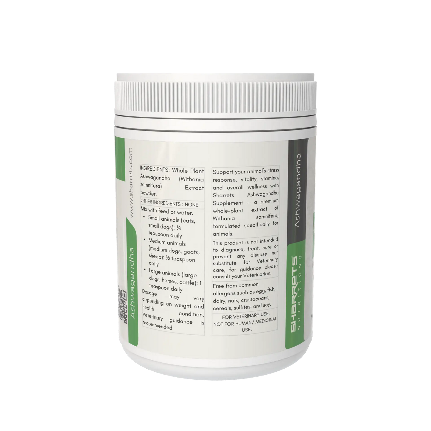 Back label ingredients and product information of Sharrets Ashwagandha powder for animals 200g