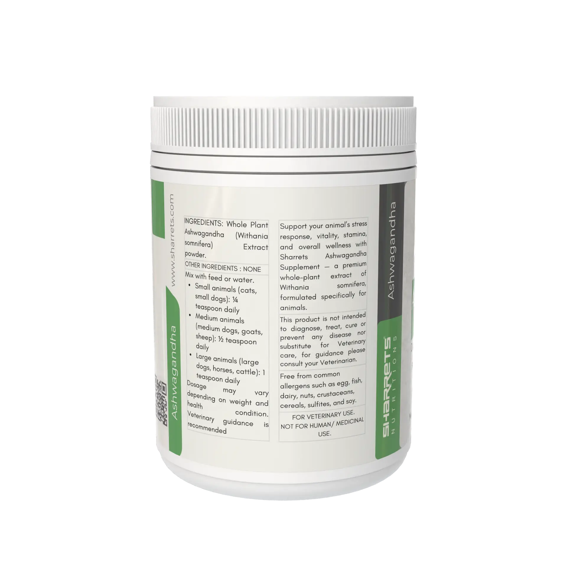 Back label ingredients and product information of Sharrets Ashwagandha powder for animals 200g