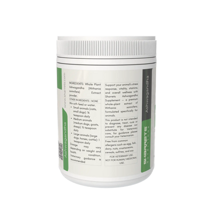 Back label ingredients and product information of Sharrets Ashwagandha powder for animals 200g