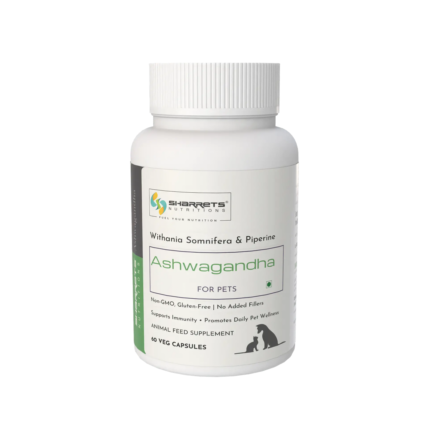 Sharrets Ashwagandha supplement for dogs and cats 60 capsules bottle with Withania somnifera herbal stress support for pets