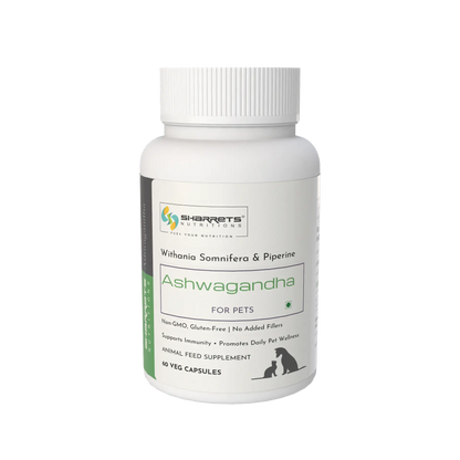 Sharrets Ashwagandha supplement for dogs and cats 60 capsules bottle with Withania somnifera herbal stress support for pets