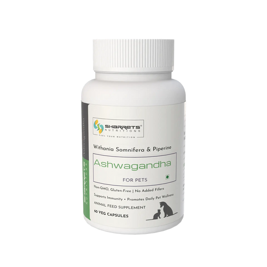 Sharrets Ashwagandha supplement for dogs and cats 60 capsules bottle with Withania somnifera herbal stress support for pets