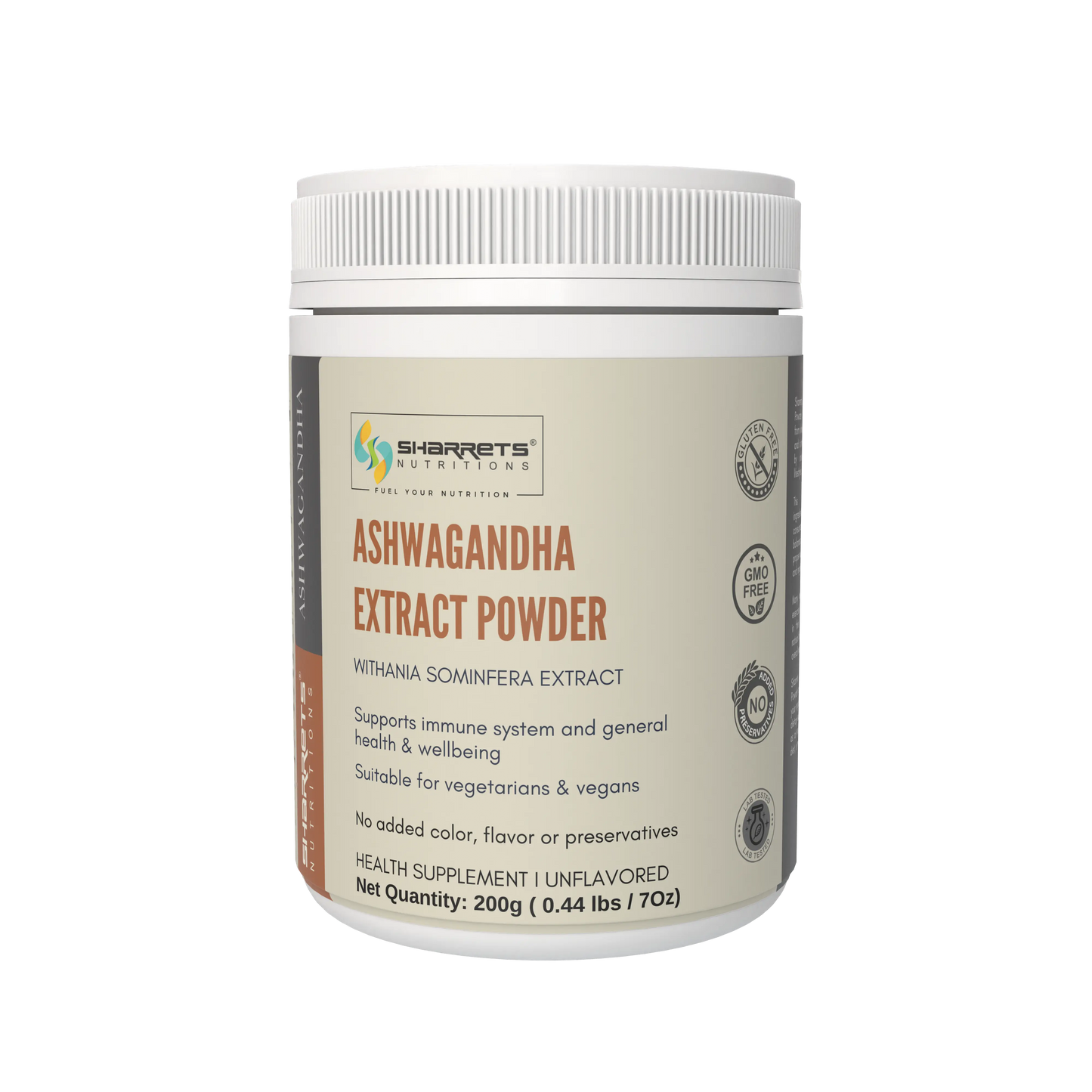 Jar of Sharrets Ashwagandha Extract Powder on a white background