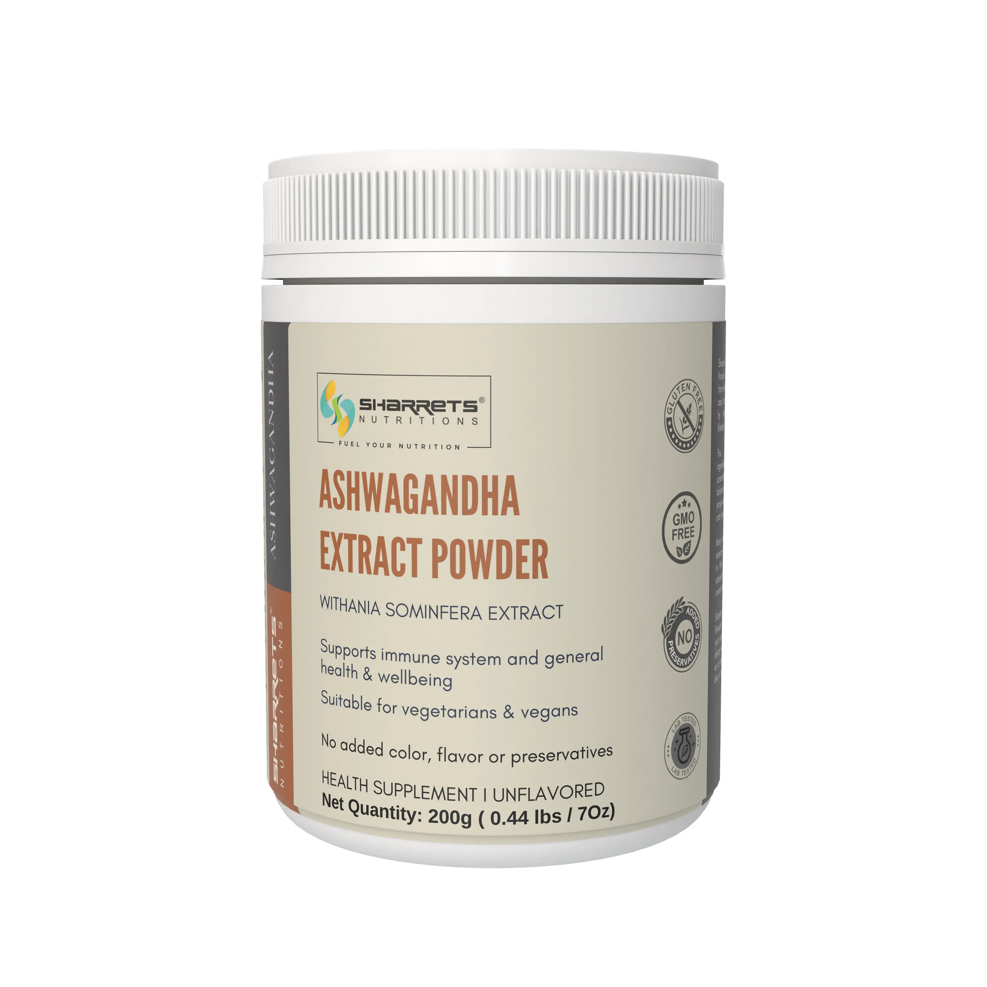 Jar of Sharrets Ashwagandha Extract Powder on a white background