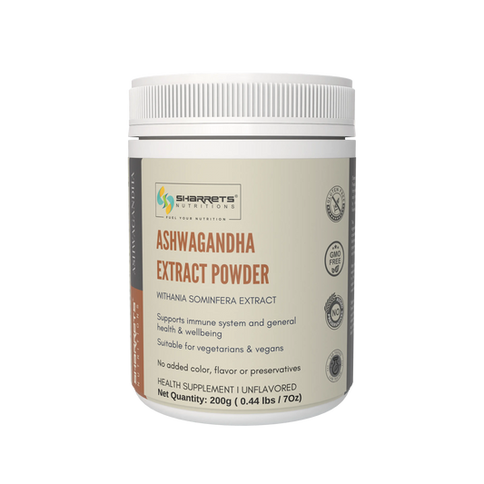 Jar of Sharrets Ashwagandha Extract Powder on a white background