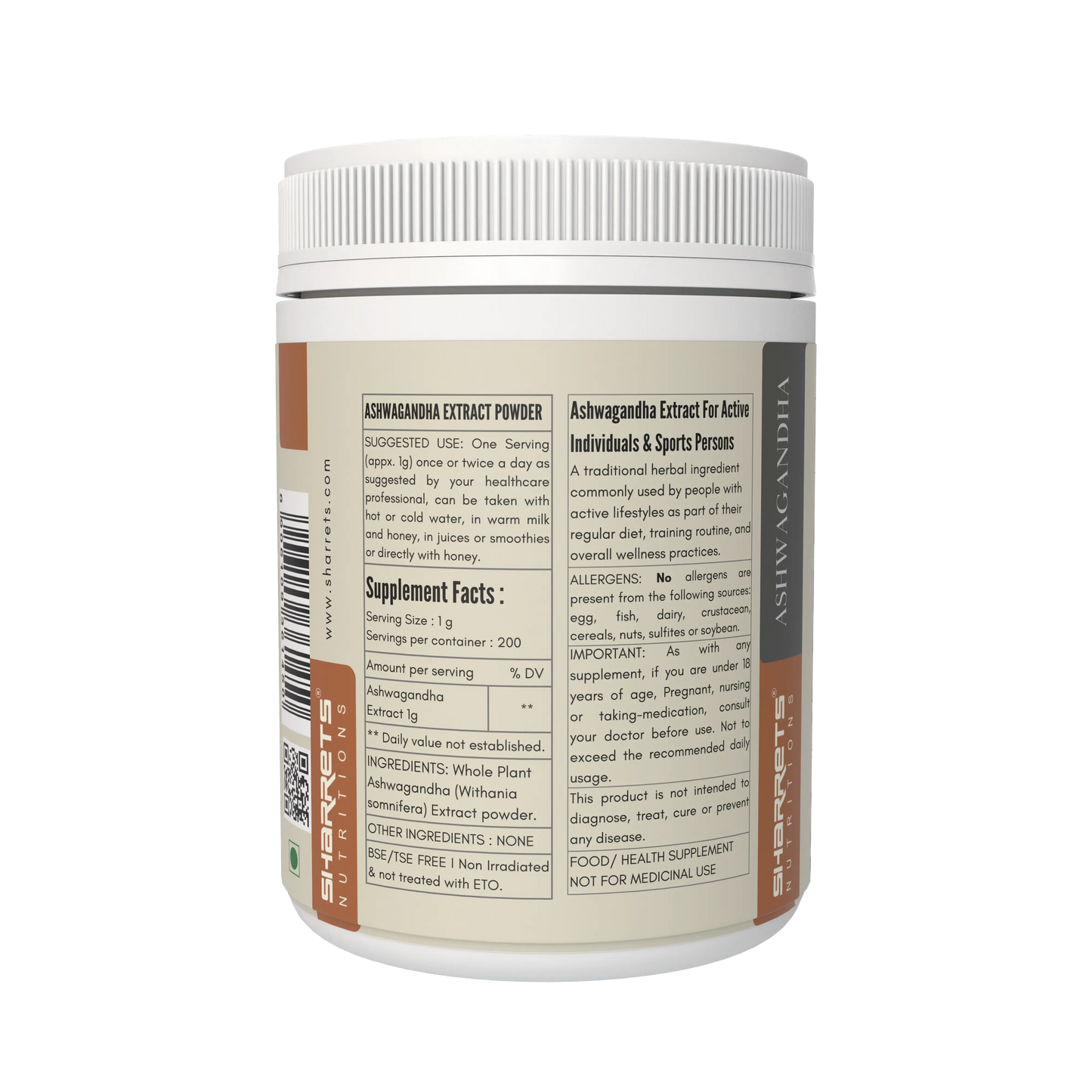 Container of sharrets Ashwagandha extract powder with supplement facts label on a white background