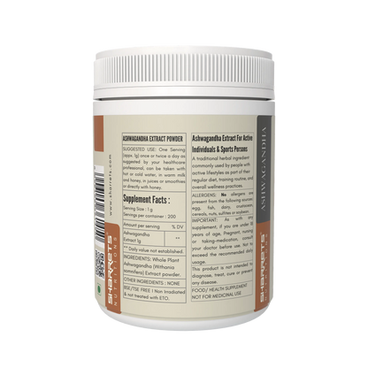 Container of sharrets Ashwagandha extract powder with supplement facts label on a white background