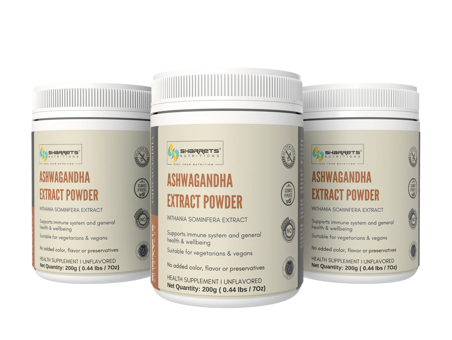 Three containers of sharrets Ashwagandha Extract Powder on a white background