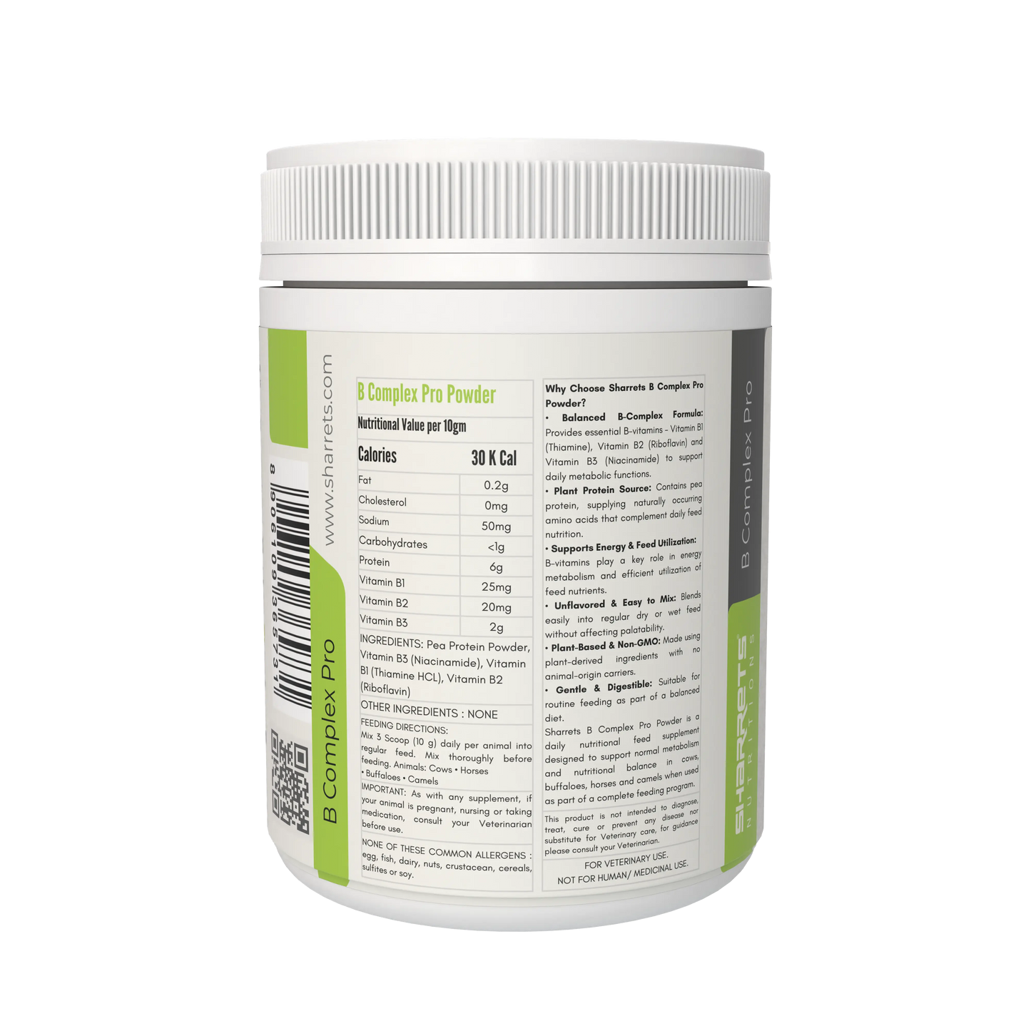 Ingredients panel of B complex pro powder supplement for cows buffaloes horses and camels