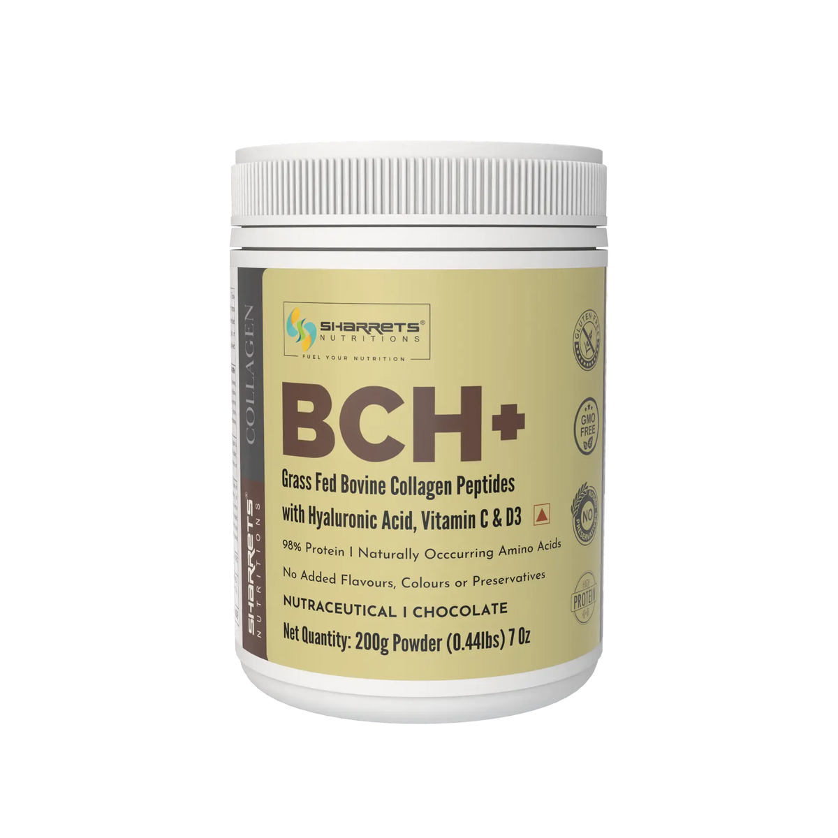 Sharrets BCH+ Grass Fed Bovine Collagen Peptides Chocolate Flavour with Hyaluronic Acid, Vitamin C and D3, 200g Collagen Powder