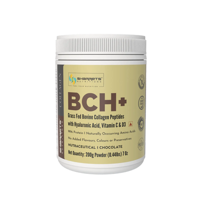 Sharrets BCH+ Grass Fed Bovine Collagen Peptides Chocolate Flavour with Hyaluronic Acid, Vitamin C and D3, 200g Collagen Powder