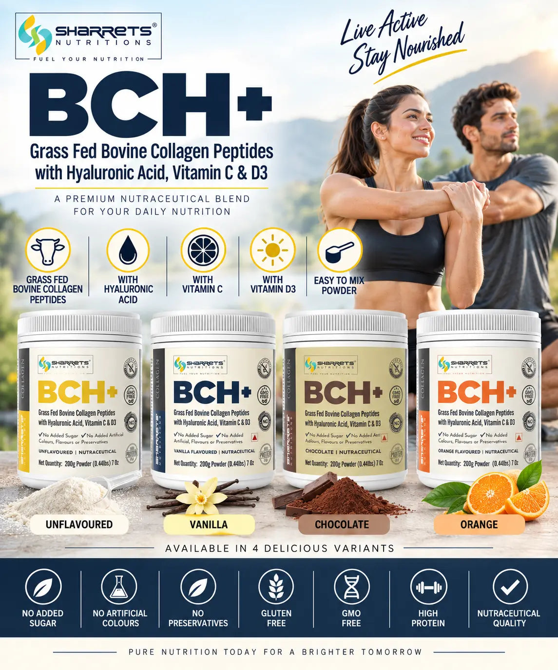 Sharrets BCH+ Hydrolyzed Bovine Collagen Peptides Powder 200g – Grass Fed with Hyaluronic Acid, Vitamin C & D3- 4 variants