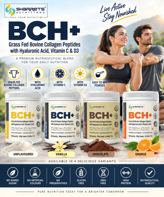 Sharrets BCH+ Hydrolyzed Bovine Collagen Peptides Powder 200g – Grass Fed with Hyaluronic Acid, Vitamin C & D3- 4 variants