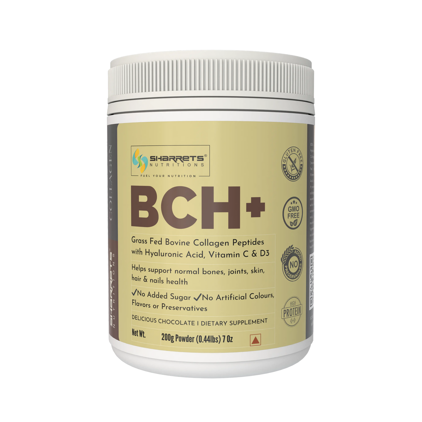 Sharrets Nutritions BCH+ supplement container on a white background - Sharrets BCH+ Hydrolyzed Bovine Collagen Supplement. Enriched with Hyaluronic Acid, Vitamin C, and D3