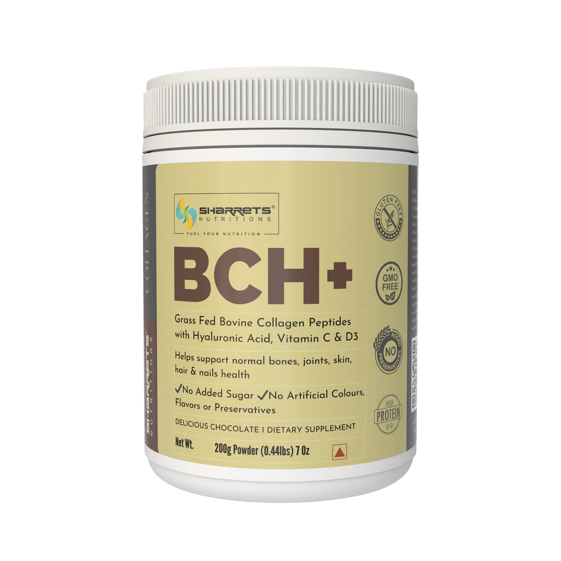 Sharrets Nutritions BCH+ supplement container on a white background - Sharrets BCH+ Hydrolyzed Bovine Collagen Supplement. Enriched with Hyaluronic Acid, Vitamin C, and D3