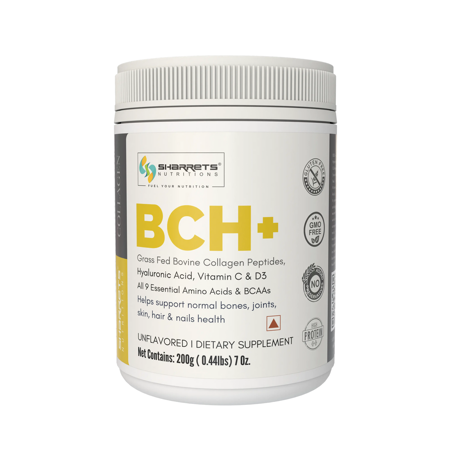 Supplement container labeled 'BCH+' with Sharrets branding on a white background