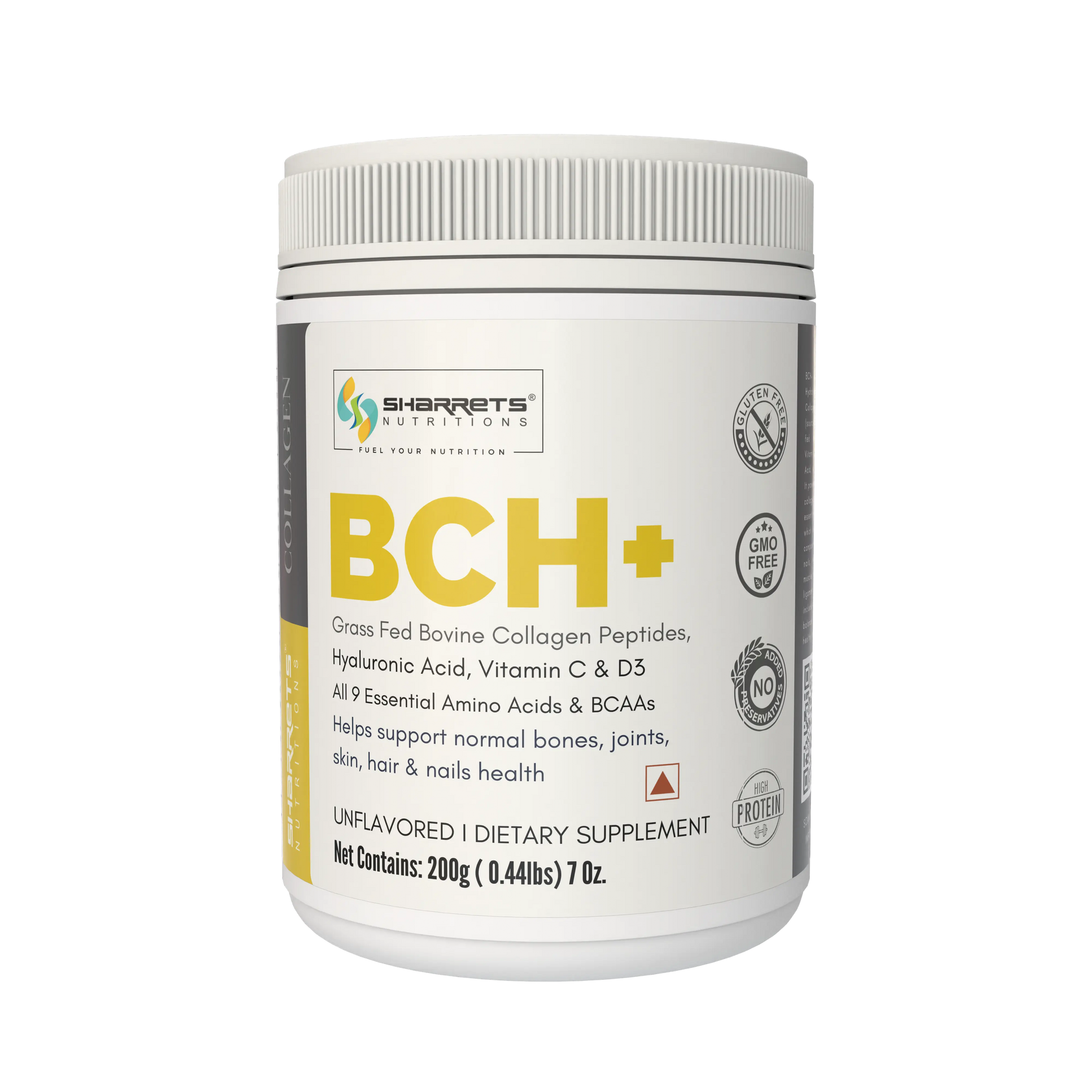 Supplement container labeled 'BCH+' with Sharrets branding on a white background