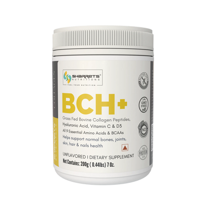 Supplement container labeled 'BCH+' with Sharrets branding on a white background