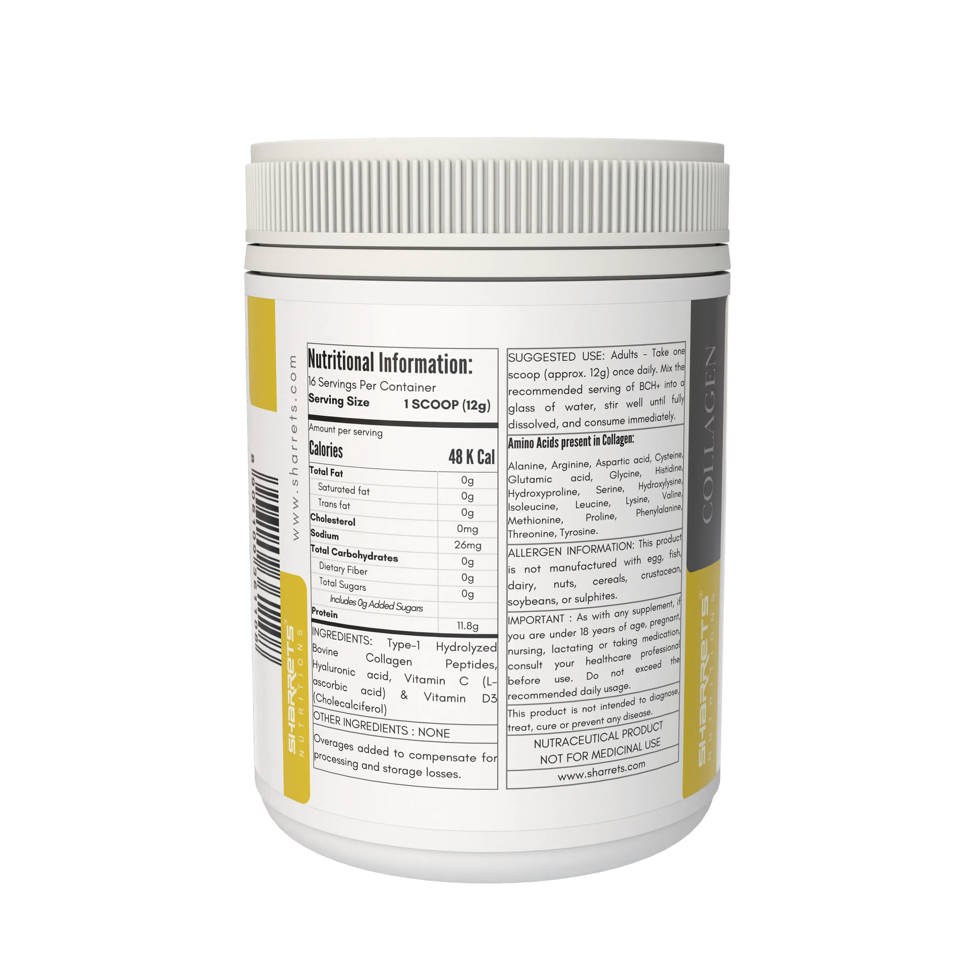 Nutritional information label on a supplement container with a white background - Sharrets BCH+ Hydrolyzed Bovine Collagen Supplement. Enriched with Hyaluronic Acid, Vitamin C, and D3