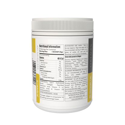 Nutritional information label on a supplement container with a white background - Sharrets BCH+ Hydrolyzed Bovine Collagen Supplement. Enriched with Hyaluronic Acid, Vitamin C, and D3