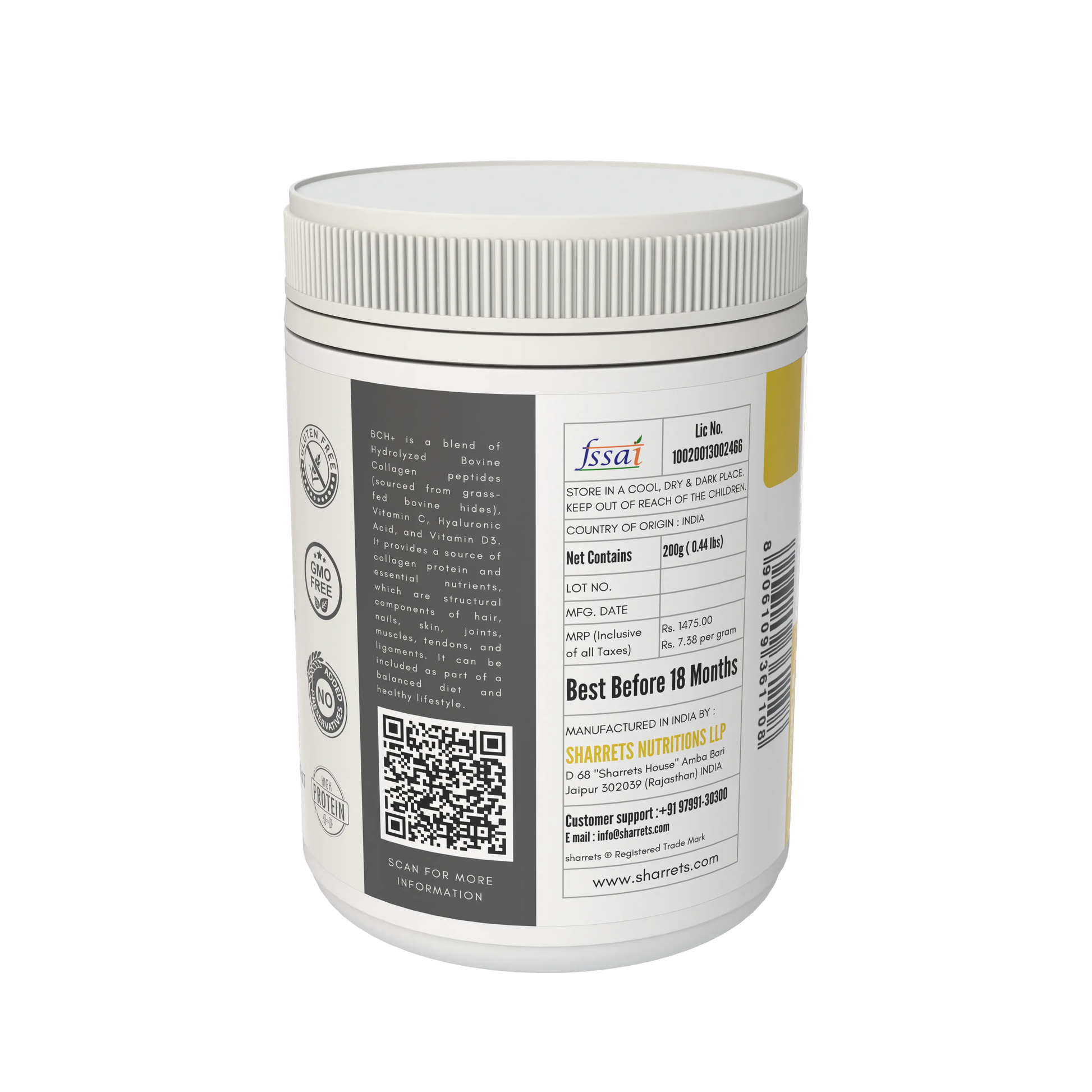Back view of a supplement container with label and QR code on a white background - Sharrets BCH+ Hydrolyzed Bovine Collagen Supplement. Enriched with Hyaluronic Acid, Vitamin C, and D3