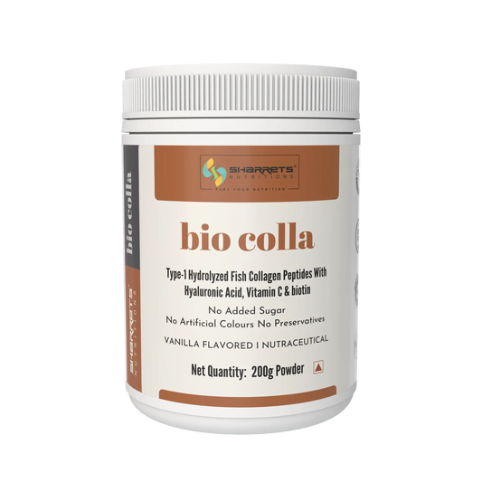 Sharrets Biocolla Type I Fish Collagen Powder with Biotin, Vitamin C & Hyaluronic Acid – Vanilla Flavour, 200 g