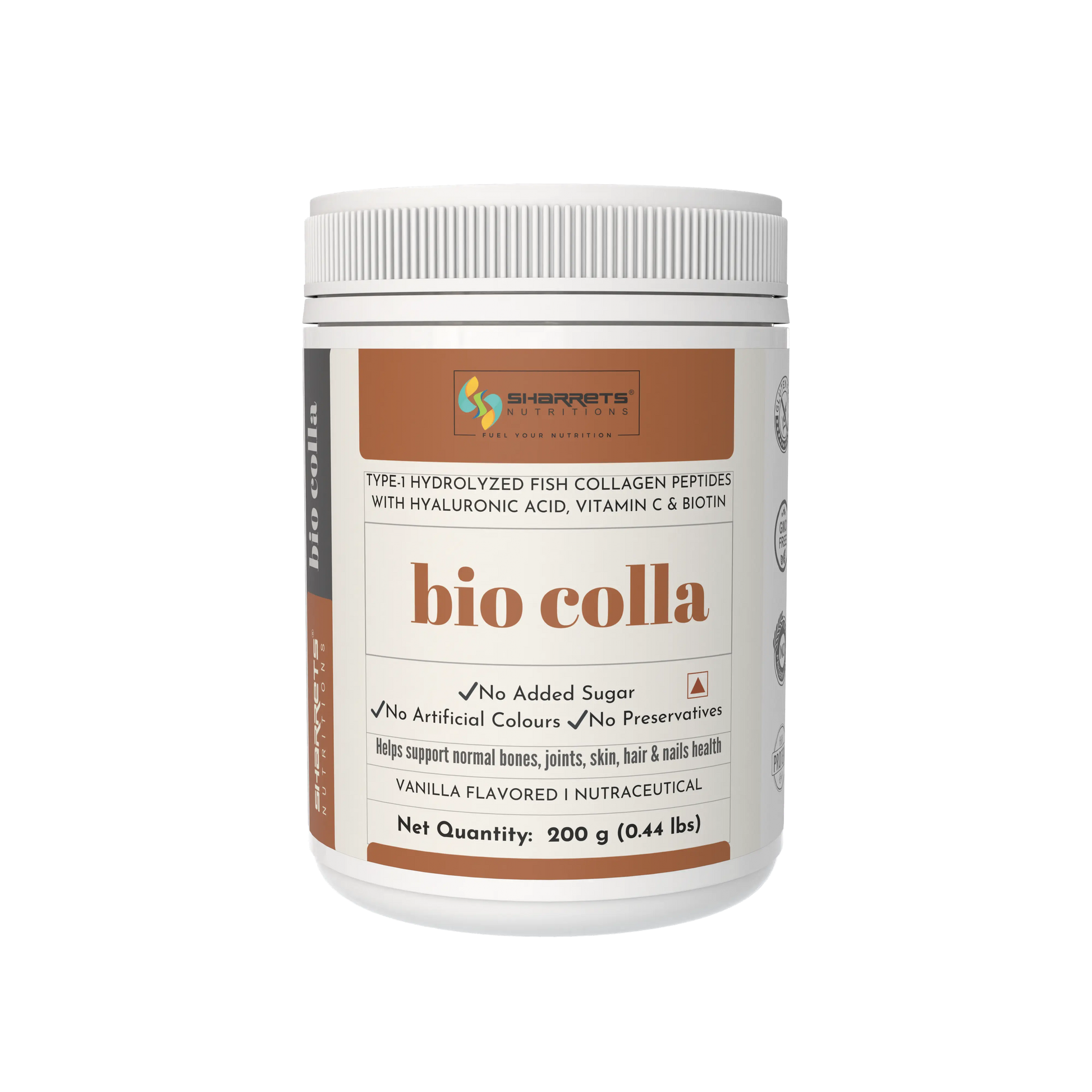 Jar of bio colla supplement with Sharrets branding on a white background