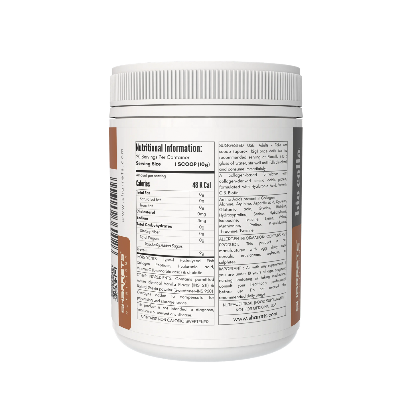 Nutritional information label on a supplement container with a white background