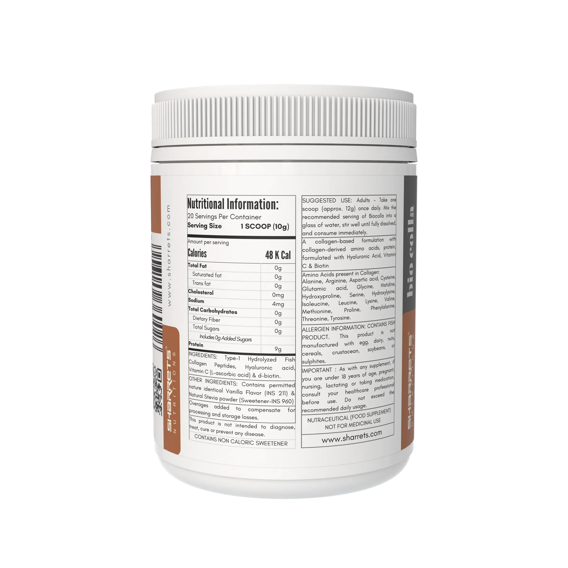 Nutritional information label on a supplement container with a white background