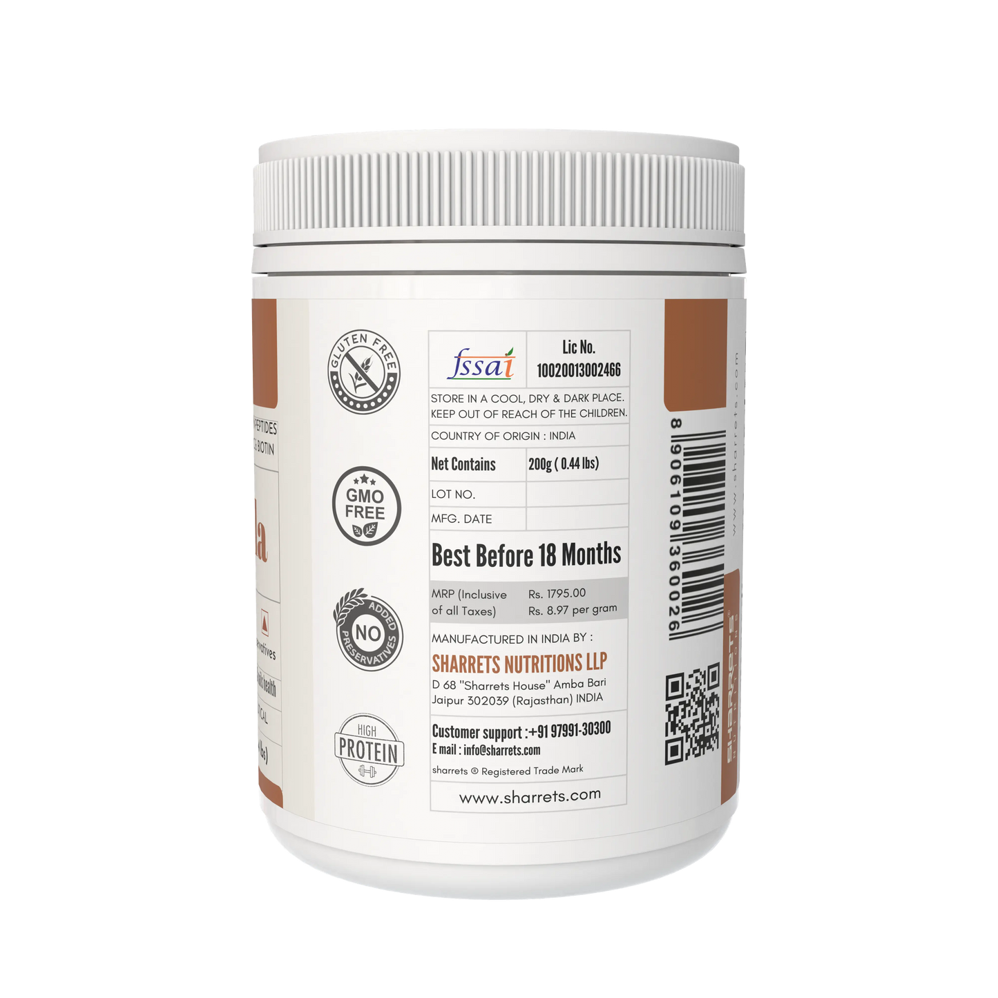 Back label of a protein powder container with certification logos and text on a white background