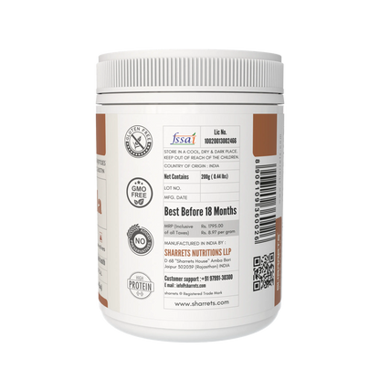 Back label of a protein powder container with certification logos and text on a white background