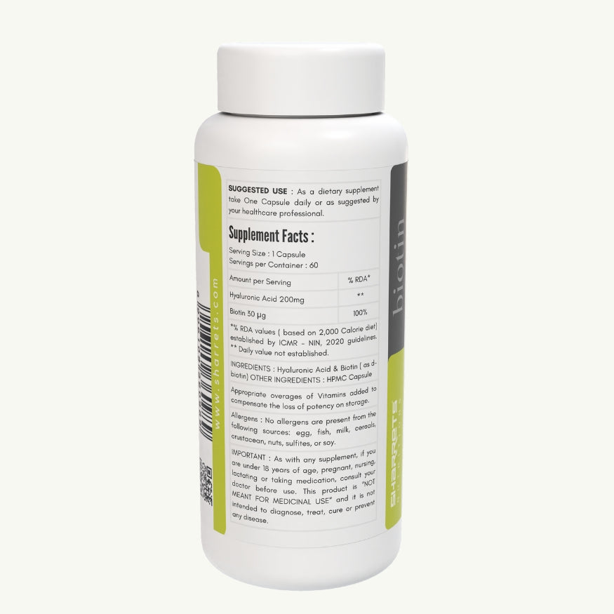 Supplement facts panel of Biotin Capsules showing biotin vitamin B7 and hyaluronic acid composition