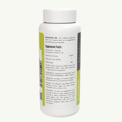 Supplement facts panel of Biotin Capsules showing biotin vitamin B7 and hyaluronic acid composition
