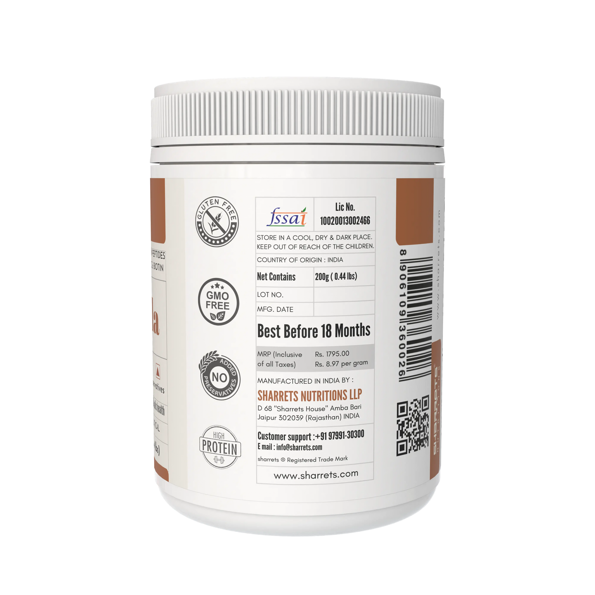 Biotin collagen supplement packaging details showing FSSAI license manufacturer address and lot number Sharrets Nutritions