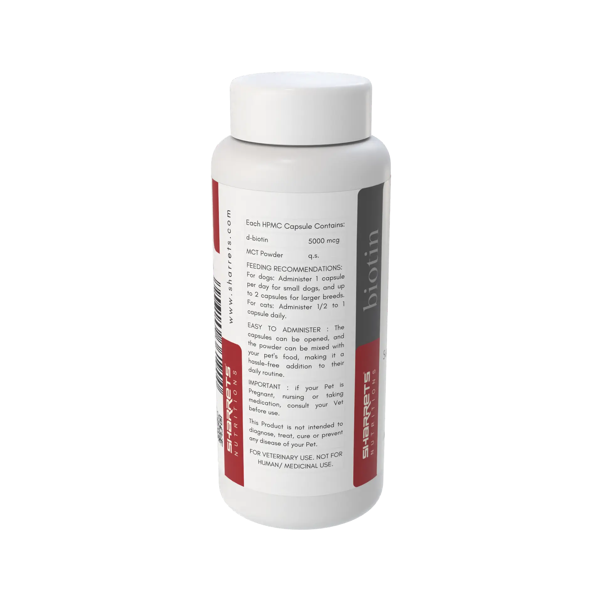 Biotin pet supplement label showing ingredients and dosage for dogs and cats