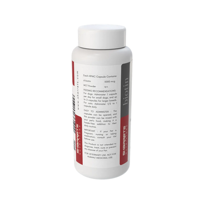 Biotin pet supplement label showing ingredients and dosage for dogs and cats